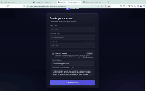 AutoApply LinkedIn Connector :: Connect your LinkedIn session to AutoApply with one click. No password sharing — read-only access to your existing session.