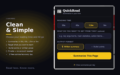 QuickRead - Time-Based Summarizer :: Get AI-powered summaries in your chosen reading time (1min, 3min, 5min, etc.)