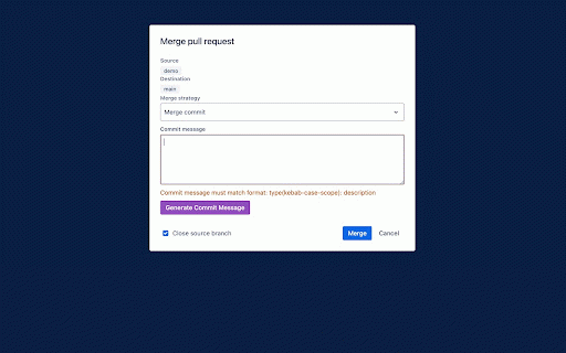 Bitbucket Conventional Commits :: Validates and generates conventional commit messages in the Bitbucket merge modal with AI-powered suggestions for consistency.