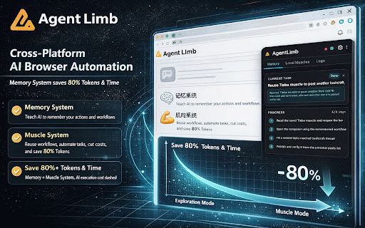 AgentLimb :: Let your terminal AI control your browser. Muscle memory cuts repeat-task tokens by 85%. 100% local — no cloud, no tracking.