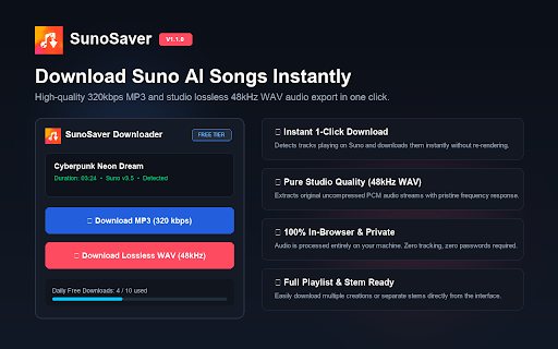 SunoSaver — Suno AI Music & MP3 Downloader :: Download Suno songs as MP3 or PCM WAV and export full playlists as ZIP. Free daily downloads with optional Lifetime PRO.