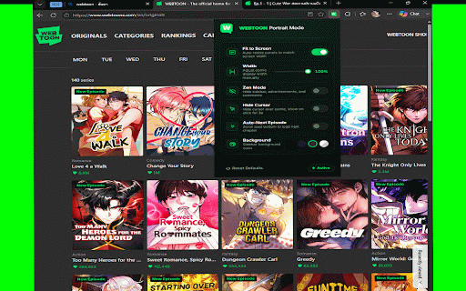 Webtoon Portrait Mode :: Adjusts Webtoon images to fit vertical screens, removes side borders, and adds a Zen reading mode.