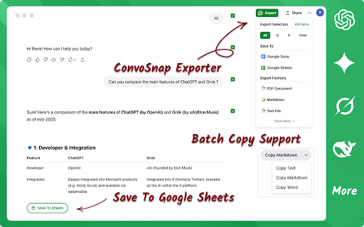 ConvoSnap Exporter: Save AI chat to Google Docs, Export as PDF, Markdown :: ChatGPT to Google Docs, Export as PDF, Markdown, Image and more. Gemini to Google Docs, Grok, DeepSeek Batch Copy