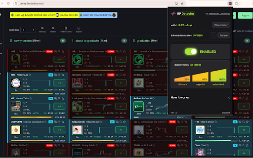 Rug Pull Detector :: Pump.fun extension that detects rug pulls in real time. Flags bundlers, mixers, linked wallets, spam tokens, and even social rugs.