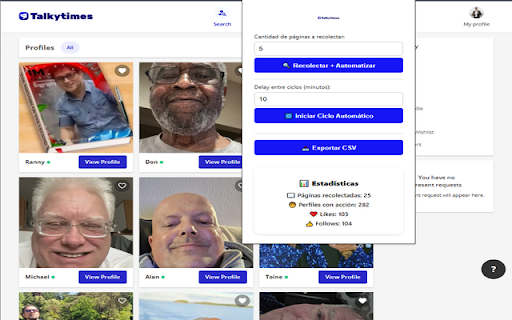 Talkytimes Auto Cycler :: Recolecta perfiles, da like/follow, y automatiza ciclos en Talkytimes.