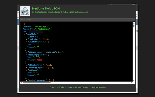 NetSuite Field JSON :: Examine NetSuite records as JSON using SuiteScript 2.1 when available, with page XML fallback.