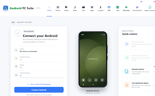 APC Suite :: Connect a compatible Android device by USB to manage its content, view the screen and control it from Chrome.