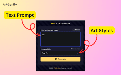 Free AI Art Generator - ArtGenify :: Create stunning AI art and images from text descriptions. Turn your ideas into amazing artwork.