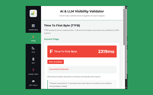 AI & LLM Visibility Validator :: Check which AI bots can access your site, measure TTFB/CLS/INP performance, and analyze JS vs HTML content visibility.