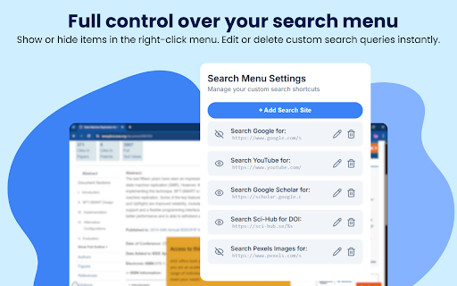 Right Click Search Anywhere :: Select text, right-click, and search on your favorite websites. Popup allows menu customization.