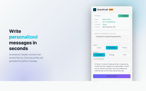 ReachDraft :: AI-powered LinkedIn outreach messages in one click. Auto-insert to LinkedIn, contact tracking, batch mode & CSV export.