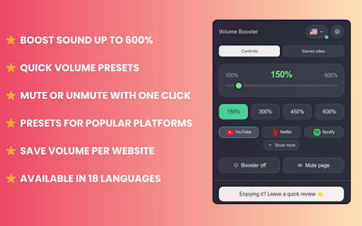 Volume Booster :: Boost audio up to 600%, mute the current page, and restore normal volume instantly.