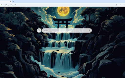 Moonlit Waterfall Live Wallpaper :: Sacred torii gate crowns cascading waterfall beneath brilliant golden moon.