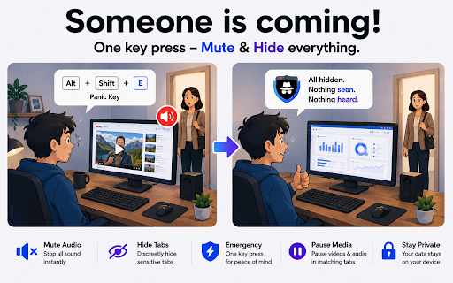Stealth Browser Assistant — Hide Tabs & Panic Button :: Hide, mute, or close private and sensitive tabs with customizable Keywords and a one-click browser Panic Button.