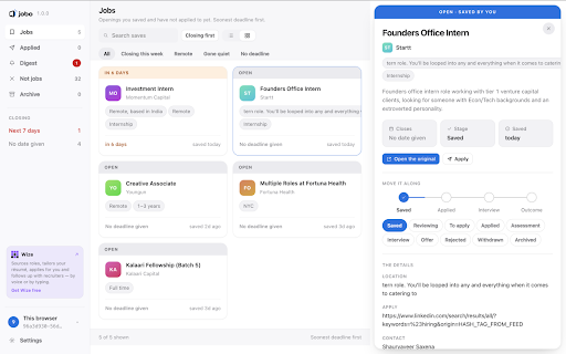 jobo — save jobs from anywhere :: Save job opportunities from anywhere with one click, then organise, track and export them. Local-first and private by default.