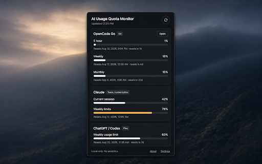 AI Usage Quota Monitor :: Personal quota monitor for OpenCode Go, Claude, and ChatGPT/Codex.