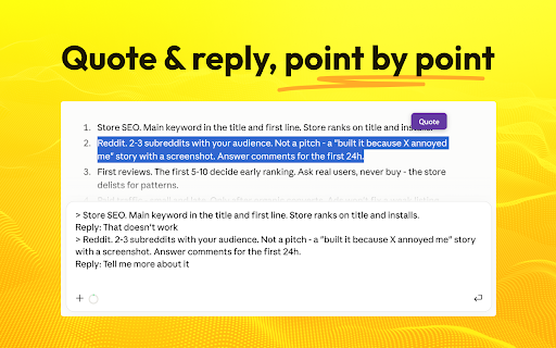 Claude for Chrome - MultiQuote Replies :: Add multi-quote replies to Claude for Chrome extension - select text in claude ai chat, get a markdown quote, answer point by point