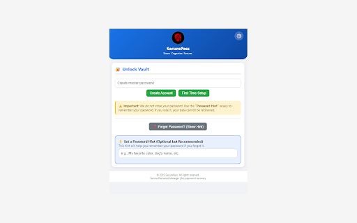 SecurePass Manager :: Secure password manager with folders, password view, and hint recovery. Store unlimited passwords locally.