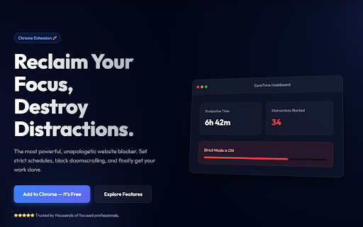 CoreTime - Productivity Extension :: Protect your focus by blocking distractions, setting strict work schedules, and limiting daily social media scroll time.