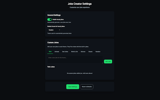 Joke Creator :: Generate and enjoy jokes with hourly automation and custom themes