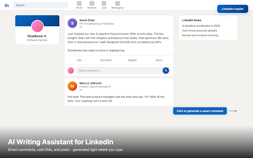 LinkedIn Copilot :: AI writing assistant for LinkedIn. Generate smart comments, cold DMs, and posts with one click.