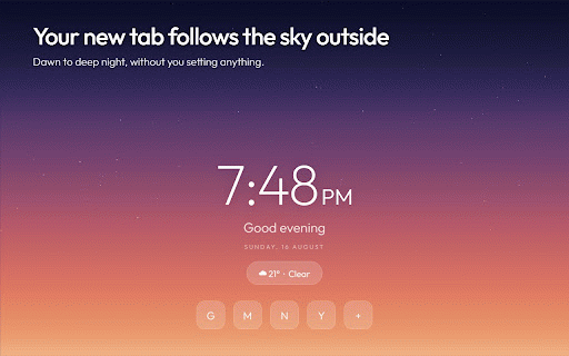 Solène — Living New Tab :: A living new tab that follows the sky outside. Real-time sky, live weather, real lunar phase. No news, no feed, no widgets.