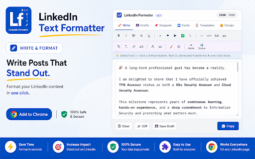 LinkedIn Text Formatter :: Format LinkedIn posts with bold, italic, bullets, templates and more — directly in the composer.