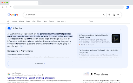 AI Overview Toggle :: Remove Gemini section from your Google Search Results. Hide or show AI overview in your search results easily with the Toggle.
