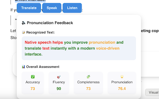 Native Speech: Pronunciation, Translation & Text to Speech :: Real-time AI speech assessment for speaking, listening, and translation. Practice selected text on any site.