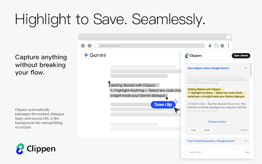 Clippen: Context Clipper for Gemini,Highlight to Save Code & Prompts :: The invisible, offline clipboard for Google Gemini. Highlight to save code, prompts, and ideas instantly with zero friction.