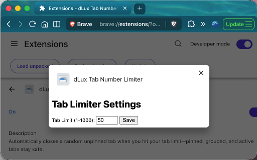 dLux Tab Number Limiter :: Automatically closes a random unpinned tab when you hit your tab limit—pinned, grouped, and active tabs stay safe.
