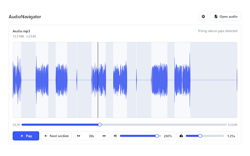 AudioNavigator :: Review audio faster with a visual waveform and quick jumps between sound and silence. Files stay local in your browser.
