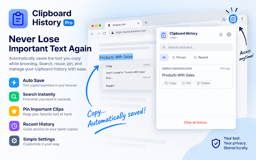 Clipboard History Pro :: Save, search, pin and reuse text you copy while browsing. Clipboard history stored locally — fast, private, no account needed.