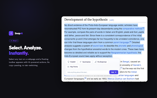 SnapAI :: Select text on any webpage and instantly get AI-powered explanations, summaries, translations, and more.