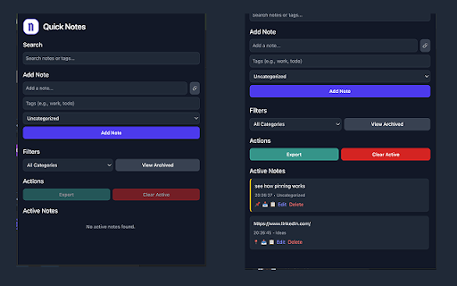Quick Notes Taker :: Take notes fast with tags, categories, pinning, and archiving. Share, export, and link URLs—all in a sleek, dark-themed popup.