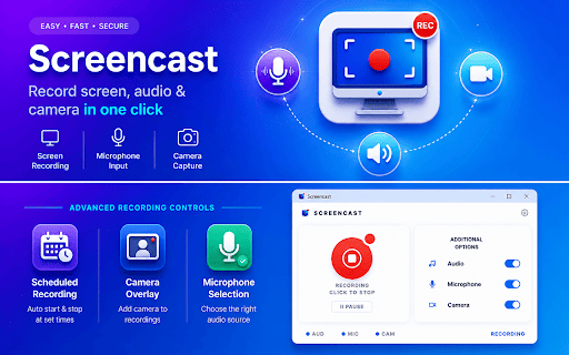 Screencast :: Powerful screencast recorder for Chrome: record screen with audio, mic & camera. Easy screen recording software and video recorder.
