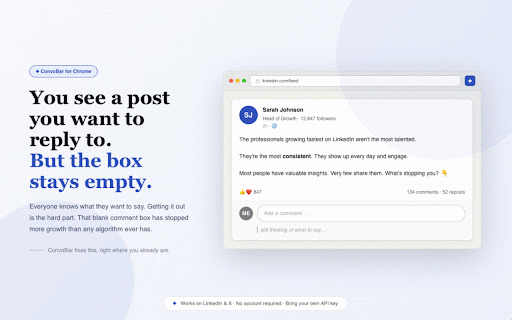 ConvoBar.com :: Suggests thoughtful responses on LinkedIn, X, and online communities.