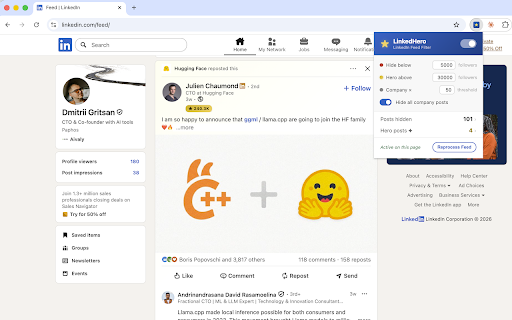 LinkedHero :: Filter LinkedIn feed posts by author follower count. Hide noise, highlight influence.