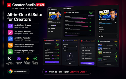 Creator Studio Pro AI - SEO & Subtitles for YouTube :: Auto-generate subtitles and optimize title and description SEO scores inside YouTube Studio using AI.
