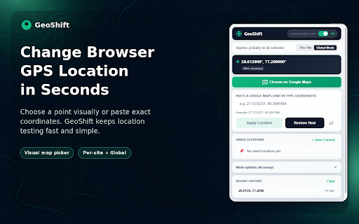 GeoShift – Location Changer & GPS Tester :: GPS location changer for websites. Pick a place on Google Maps or paste coordinates to test browser geolocation.
