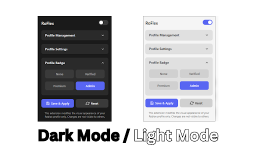 RoFlex :: Visually modify your Roblox profile with custom Robux amounts, badges, and themes.