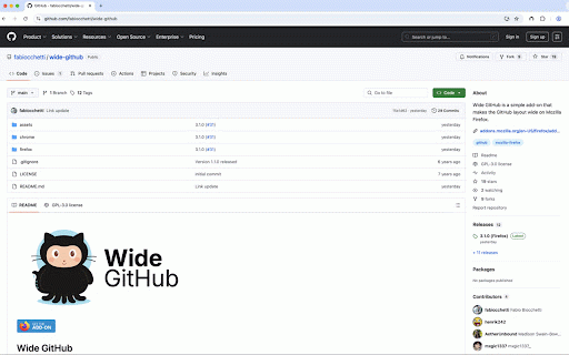 Wide GitHub :: Makes GitHub wide on Google Chrome. Supports GitHub, private Gists, GitHub Enterprise, and custom domains (TLDs).