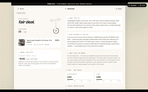 FairShake :: Real sold comps, scam flags, and a buy/skip/negotiate verdict for every listing on Facebook Marketplace, Craigslist, and OfferUp.