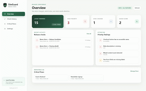 SiteGuard — Release Checks :: Run repeatable website release checks, capture evidence, and verify fixes without leaving the browser.