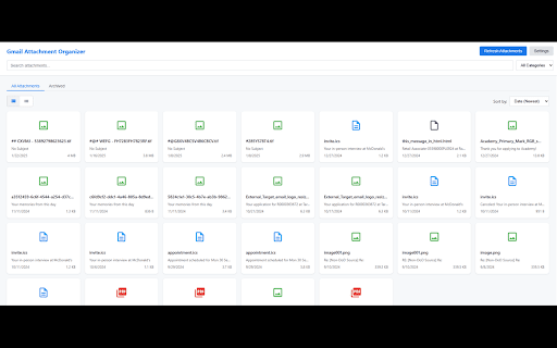 Gmail Attachment Organizer :: Organize Gmail attachments -- fast—scan, categorize PDFs, images, & more into a searchable archive. Boost email productivity!