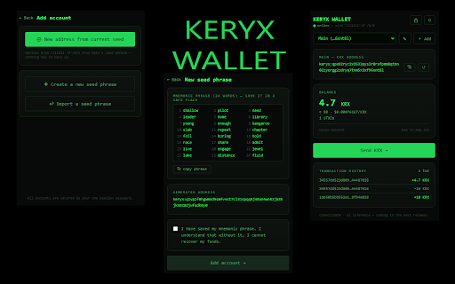 Keryx Wallet :: Client-side wallet for the Keryx Network (KRX). Create or import a wallet and track your balance — keys never leave your device.