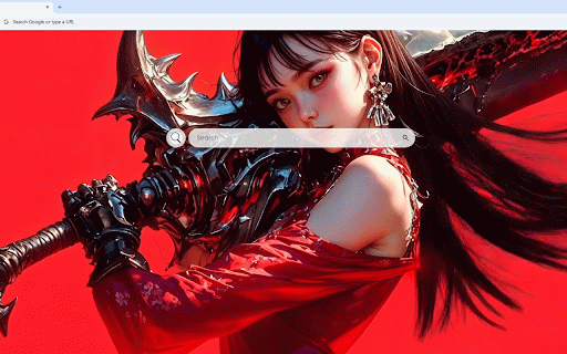 Red Samurai Anime Girl Live Wallpaper :: A dark-haired warrior in red kimono wields a massive demon blade against a bold crimson backdrop.