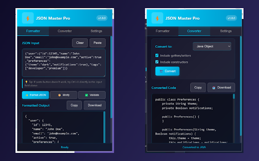 JSON Master Pro :: Professional JSON formatter and converter with auto-formatting, syntax highlighting, and code generation.