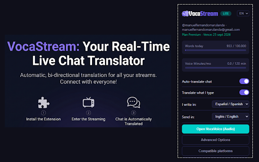 VocaStream: Live Chat & Voice Translator :: Break language barriers in live streams. Translate chat, clone your voice, and broadcast real-time audio translations instantly.
