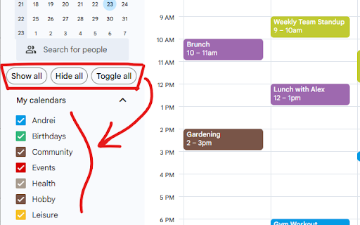 Show and Hide all calendars buttons for Google Calendar™ :: Quickly show, hide, or toggle all calendars in Google Calendar.